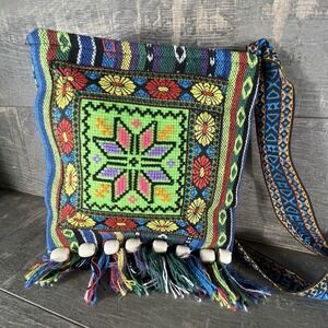 Boho Embroidered Crossbody Bag Tribal Festival Fringe Beaded Strap